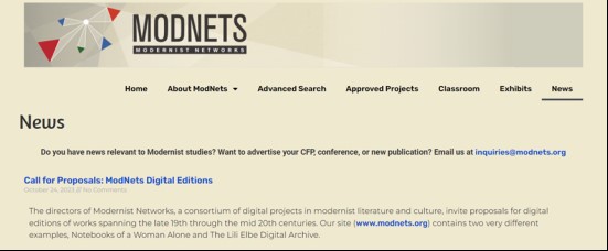 Screenshot of a call for proposals for digital editions of modernist works