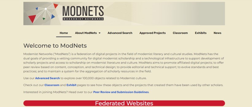 Screenshot of welcome page of Modernist Networks