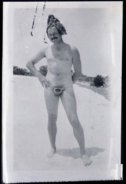 Hemingway wearing an unusual codpiece