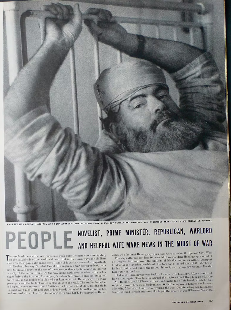 Life Magazine story featuring Robert Capa's photograph of Hemingway in bed at the London Clinic, May 1944