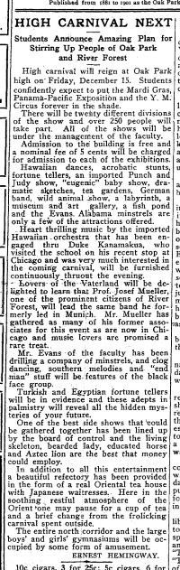 Newspaper clipping of "High Carnival Next" by Ernest Hemingway